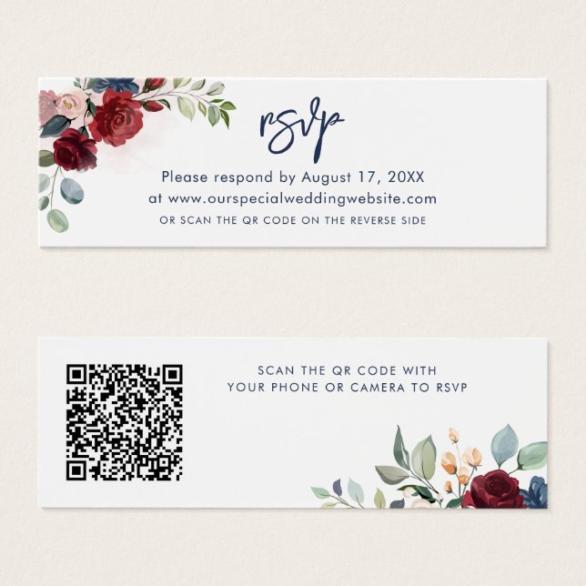 Watercolor Floral QR Code Script Wedding RSVP Card (Front & Back)