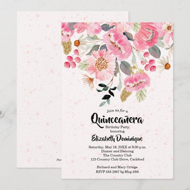 Watercolor Floral Quinceañera Birthday Invitations (Front/Back)