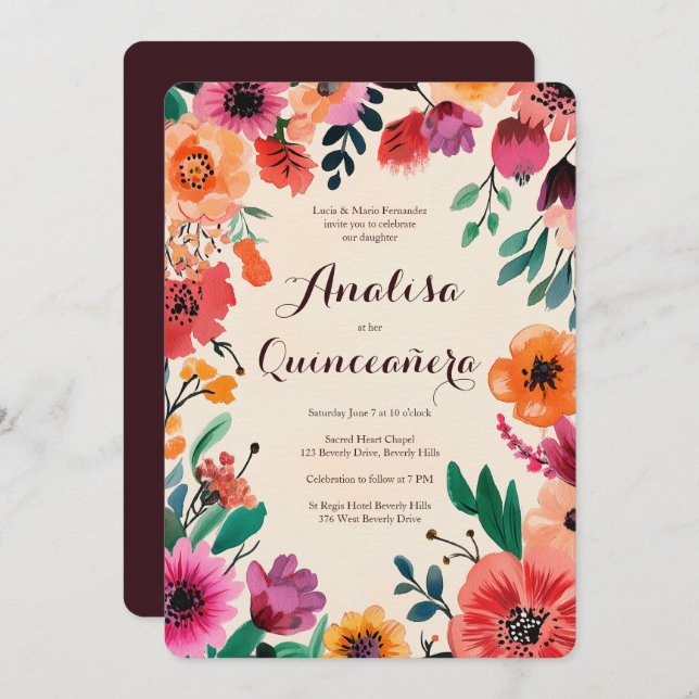 Watercolor Floral Quinceañera CUSTOM Invitation (Front/Back)