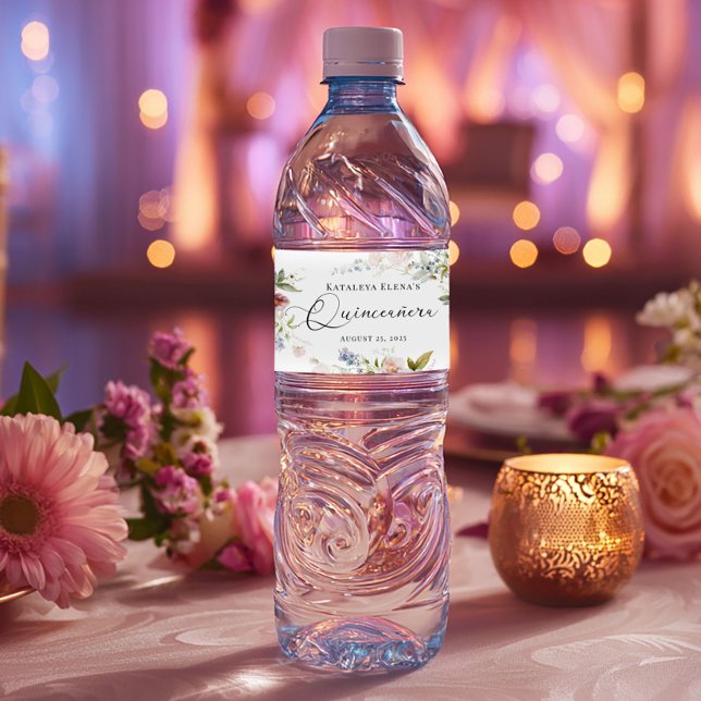 Watercolor Floral Quinceanera Water Bottle Label (Creator Uploaded)