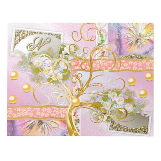 Watercolor Floral Rainbow Butterfly Gold Tree Pear Notepad (Front)