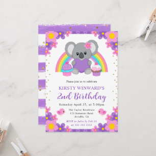Watercolor Floral Rainbow Koala Birthday Invitation