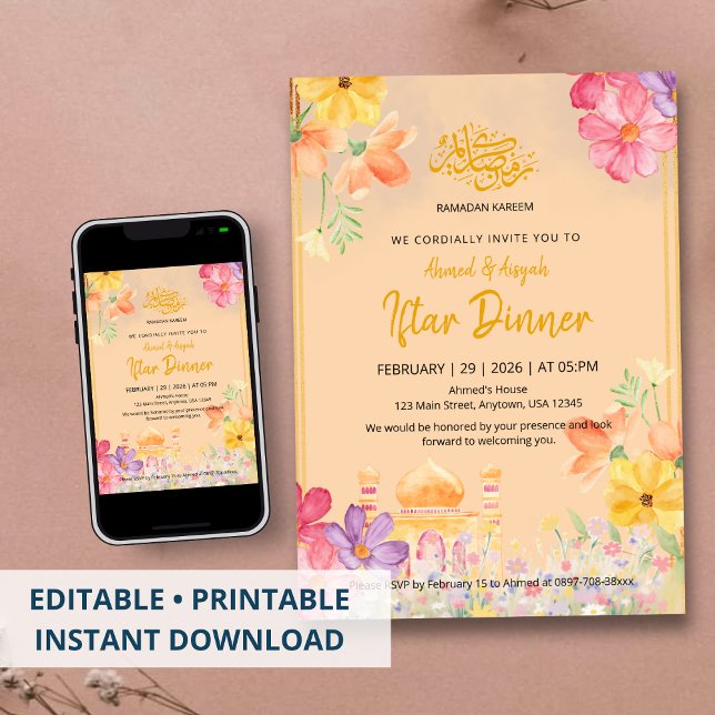 Watercolor Floral Ramadan Kareem Iftar Dinner Invitation (Creator Uploaded)