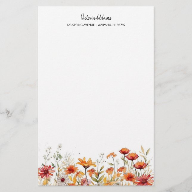 Watercolor Floral Red Orange Daisies Stationery (Front)