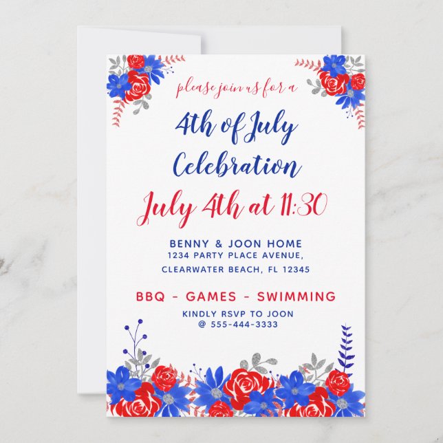 Watercolor Floral Red White Blue Modern Invitation (Front)
