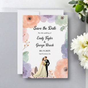 Watercolor Floral Romantic Couple Elegant Wedding Save The Date
