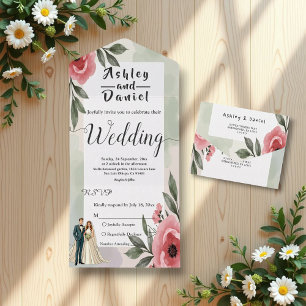Watercolor Floral Romantic Couple Summer Wedding All In One Invitation