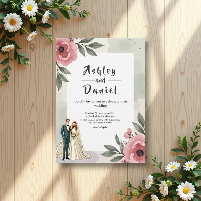 Watercolor Floral Romantic Couple Summer Wedding Invitation (Creator Uploaded)
