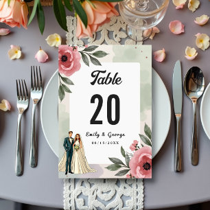 Watercolor Floral Romantic Couple Summer Wedding Table Number