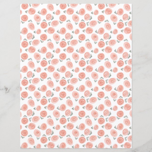 Watercolor Floral Romantic Roses Scrapbook Paper (Front)