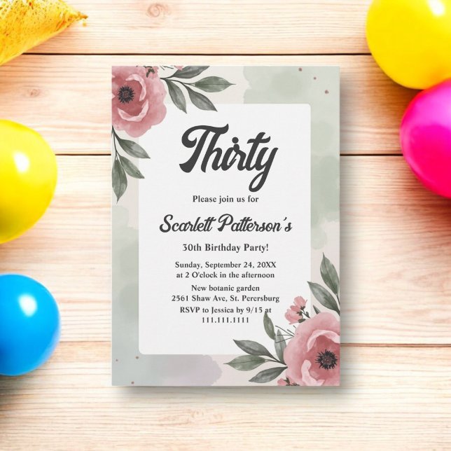 Watercolor Floral Romantic Rustic 30th Birthday Invitation (Creator Uploaded)