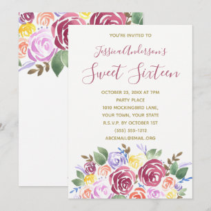 Watercolor Floral Rose Gold Sweet 16 Birthday Invitation