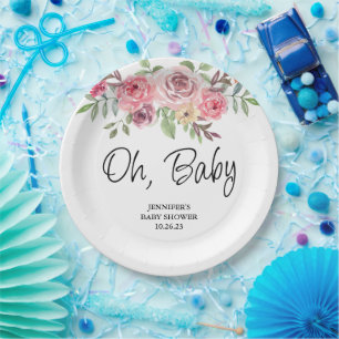 Watercolor Floral Rose Oh Baby   Baby Shower Paper Plate