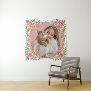 Watercolor Floral Rose & Paw Print Custom Photo Tapestry