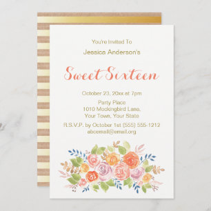 Watercolor Floral Rose Rustic Gold Sweet 16 Invitation