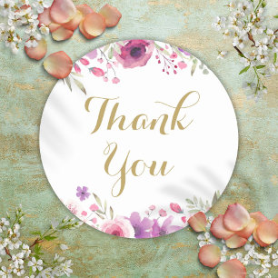 Watercolor Floral Roses Gold Script Thank You Classic Round Sticker