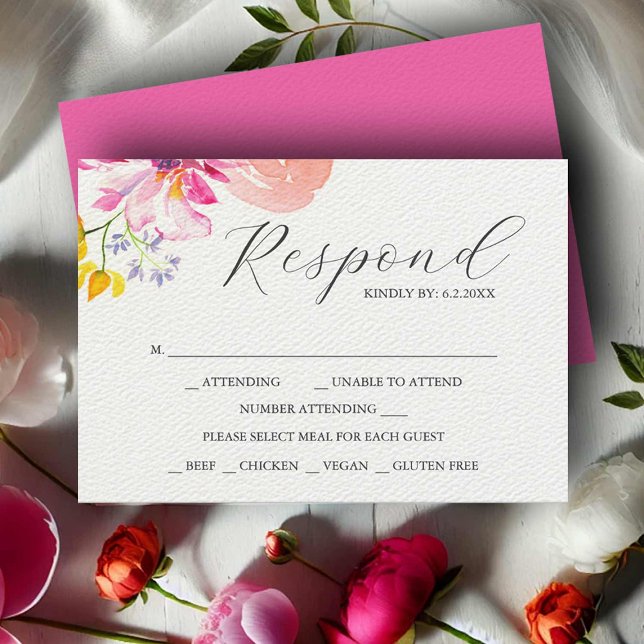 Watercolor Floral RSVP Cards for Wedding (RSVP card vibrant watercolor pink and orange floral art by Victoria Grigaliunas Do Tell A Belle)