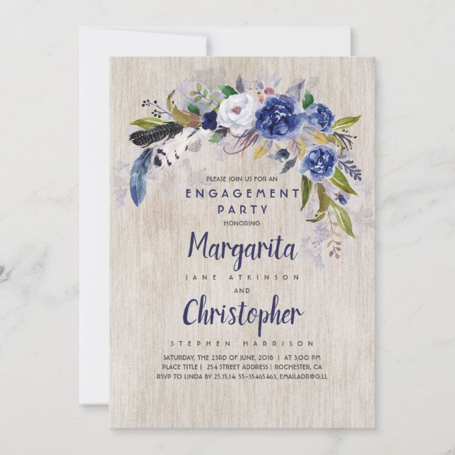 Watercolor Floral Rustic Navy Engagement Party Invitation (Front)