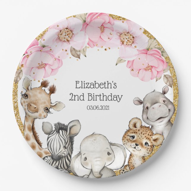 Watercolor Floral Safari Animals Peony Birthday Paper Plate (Front)