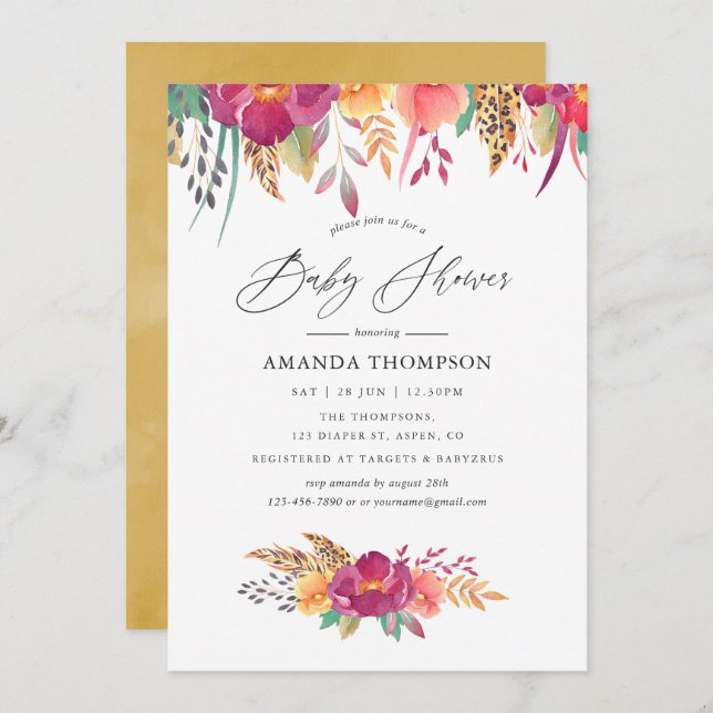 Watercolor Floral Safari Baby Shower Invitation (Front/Back)