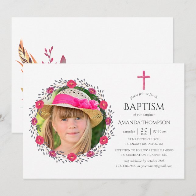 Watercolor Floral Safari Baptism or Christening Invitation (Front/Back)