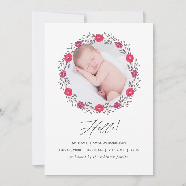 Watercolor Floral Safari Birth Announcement Card (Front)