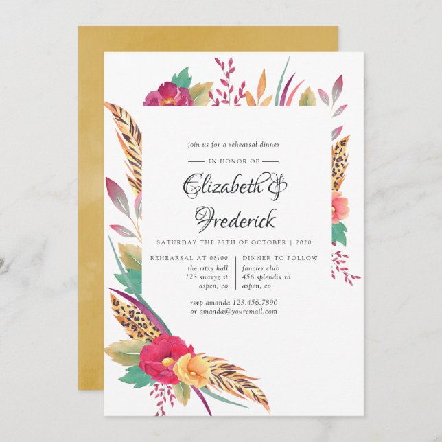 Watercolor Floral Safari Wedding Rehearsal Dinner Invitation (Front/Back)