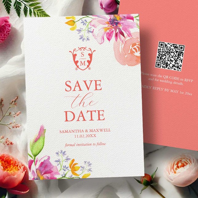 Watercolor Floral Save The Date (Bold Floral Blooms watercolor save the date cards art by Victoria Grigaliunas Do Tell A Belle)