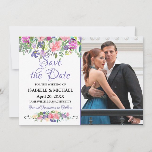 Watercolor Floral Save the Date Photo Card (Front)