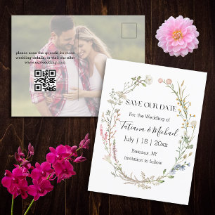 watercolor floral save the date ,qr code photo announcement postcard