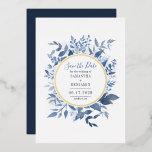 Watercolor Floral Save the Date Script<br><div class="desc">Create your own modern Real Gold Foil Save the Date announcement to alert friends, family, and coworkers about your upcoming wedding. Featuring watercolor foliage in shades of blue and navy with script and modern typography on white background. Get ahead of the trend with our editable Save the Date announcement templates...</div>