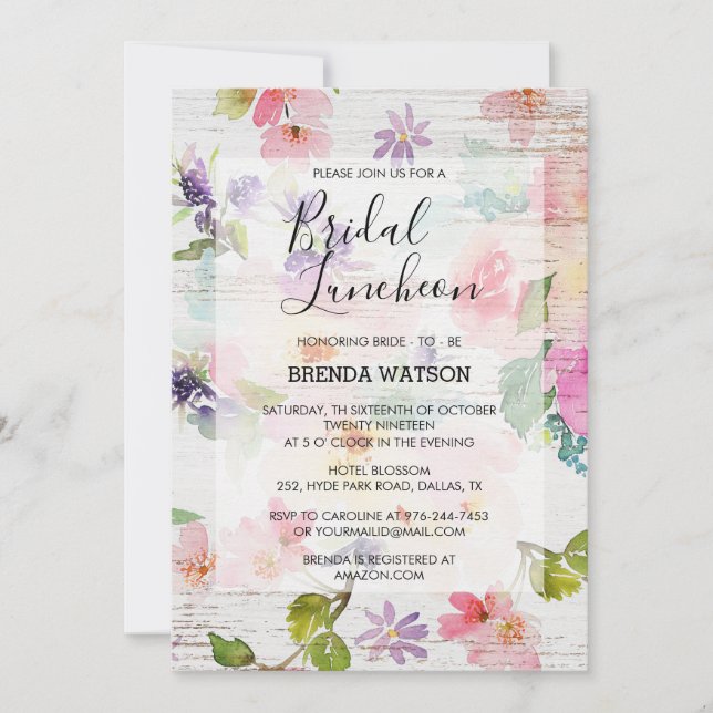 Watercolor Floral Script Bridal Shower Luncheon Invitation (Front)