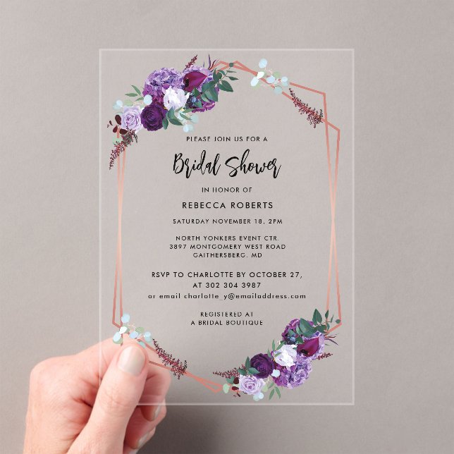 Watercolor Floral Script Elegant Bridal Shower Acrylic Invitations (Insitu (Handheld))