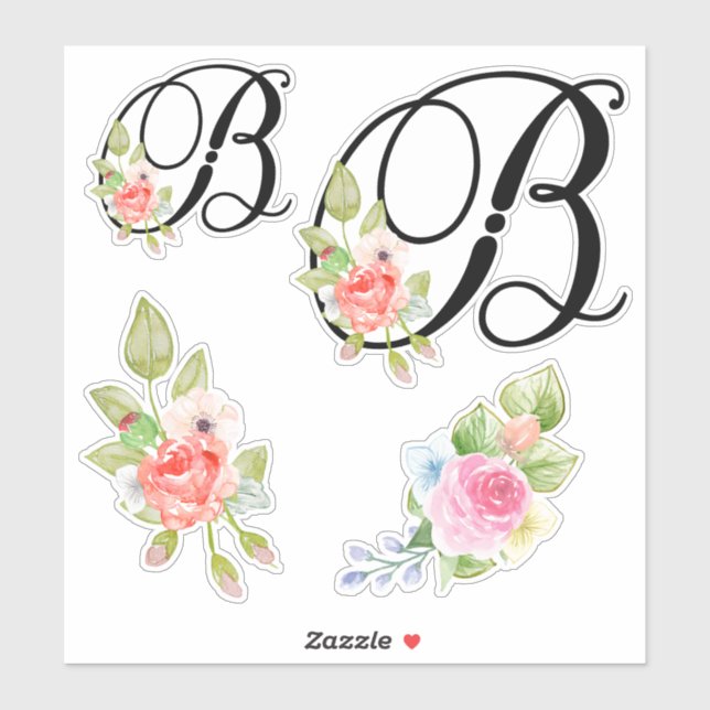 Watercolor Floral Script Monogram Letter B (Sheet)