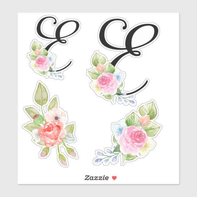 Watercolor Floral Script Monogram Letter E (Sheet)