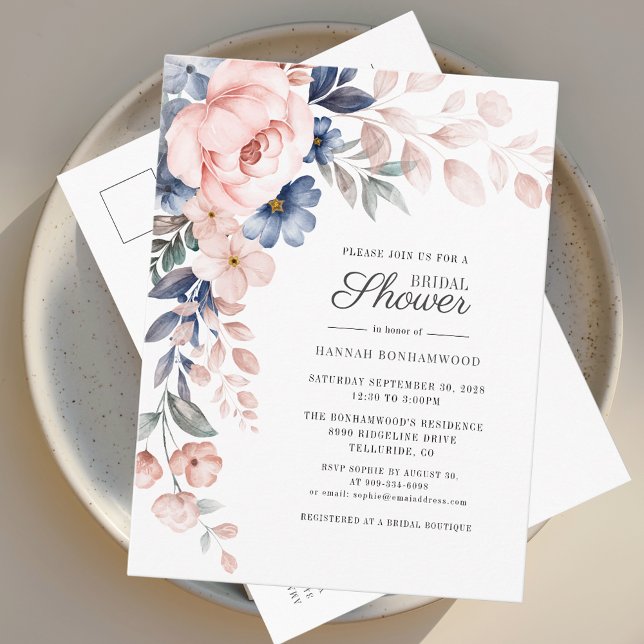 Watercolor Floral Script Pink Bridal Shower Invitation Postcard (Pink Floral Chic Bridal Shower Invitation)