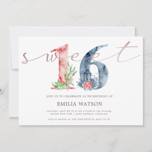 Watercolor floral script rose gold sweet sixteen invitation (Front)