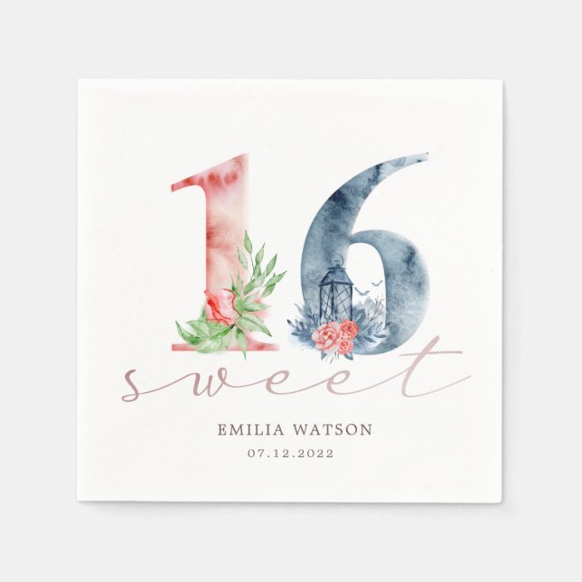 Watercolor floral script rose gold sweet sixteen napkin (Front)