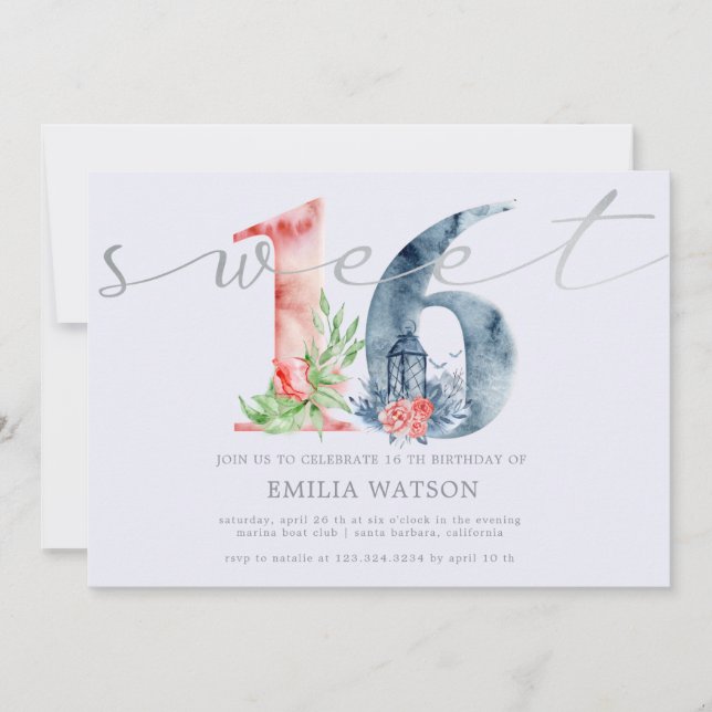 Watercolor floral script silver sweet sixteen invitation (Front)