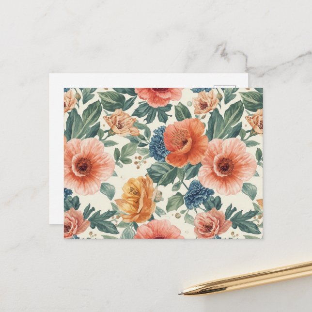 Watercolor Floral Seamless Pattern Postcard  (Front/Back In Situ)