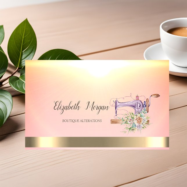  Watercolor Floral Sewing Machine Gold Stripe Business Card (Creator Uploaded)