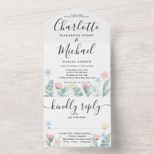 Watercolor Floral Signature Script Wedding All In One Invitation
