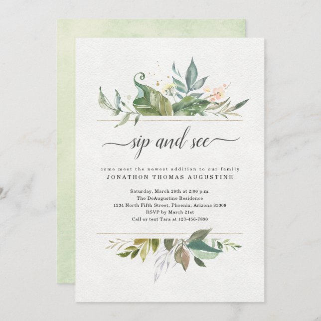 Watercolor Floral Sip & See Invitation (Front/Back)