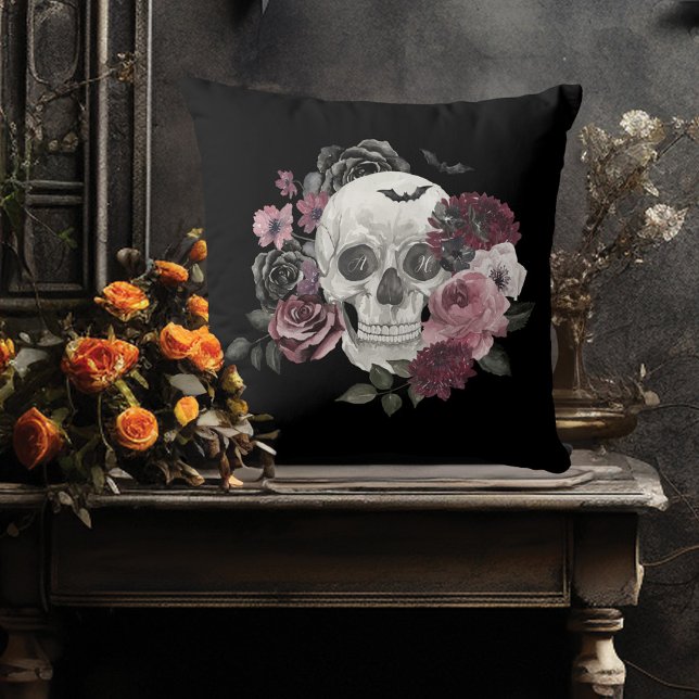 Watercolor Floral Skeleton Goth Halloween Monogram Cushion (Watercolor Floral Skeleton Goth Halloween Monogram Throw Pillow)