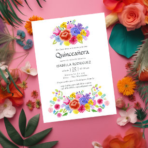Watercolor Floral Spanish Fiesta Quinceañera Invitation