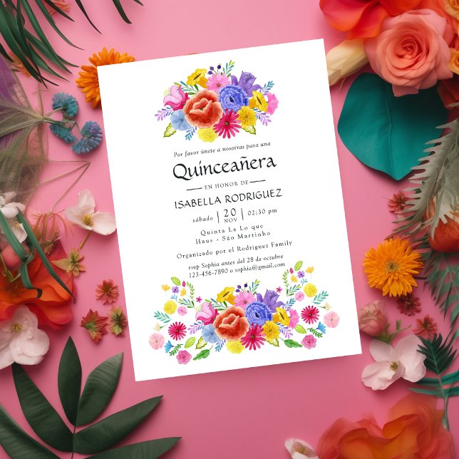 Watercolor Floral Spanish Fiesta Quinceañera Invitation (Creator Uploaded)