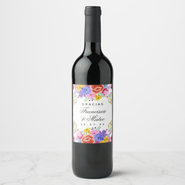 Watercolor Floral Spanish Fiesta Wedding Wine Label (Front)