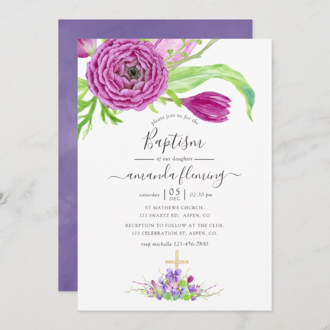 Watercolor Floral Spring Baptism Invitation (Front/Back)