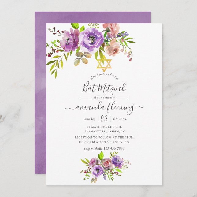 Watercolor Floral Spring Bat Mitzvah Invitation (Front/Back)