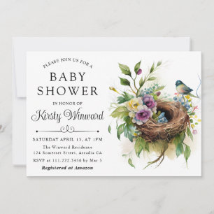Watercolor Floral Spring Bird Nest Baby Shower Invitation